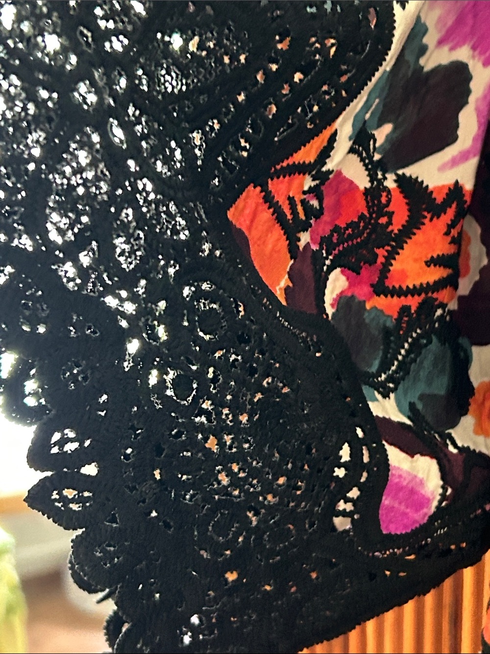 Democracy Floral V-Neck Tunic with Black Crochet Trim in Purple, Orange & Green - Picture 3 of 16